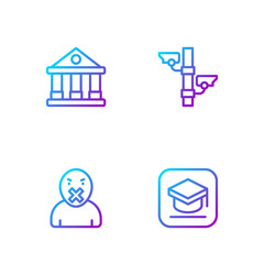 Set line Graduation cap, Censor and freedom of speech, Courthouse building and Security camera. Gradient color icons. Vector