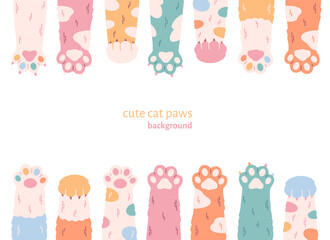 Cute colorful cats paws background. Different funny pet paws with claws, animals hands. Vector illustration in flat style