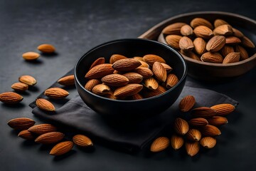 The almond in small black bowl isolated on transparent background