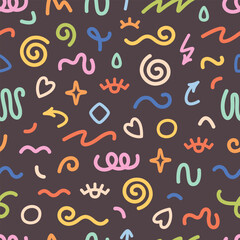 Seamless pattern with various hand drawn abstract shapes, strokes and doodles. Colorful abstract line doodle shapes. Vector illustration in flat style