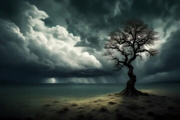 Obraz premium A solitary tree standing resiliently against the backdrop of a stormy sky. 
