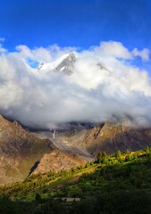 Greenery field mountain and tree and cloudy sky