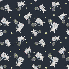 Seamless pattern of little fluffy gray kitten and tennis racket, ball. Watercolor hand drawn. Scottish fold on light background. Spotted cat. Pet cartoon for kids, posters, textile.