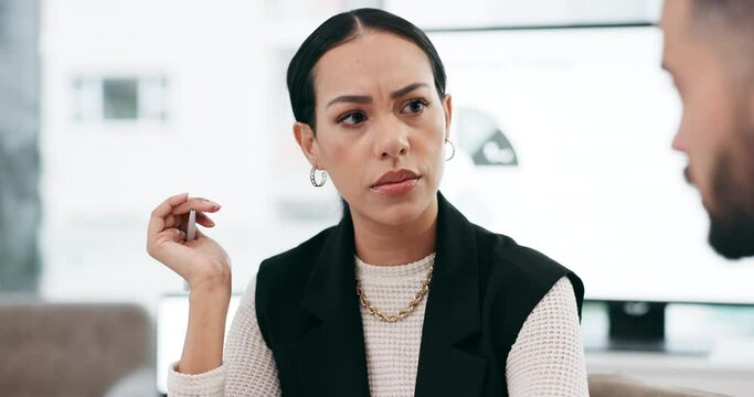 Talking, meeting and woman with hr at work for business conversation or listening to a complaint. Concern, serious and a female human resources worker speaking to an employee about an office problem