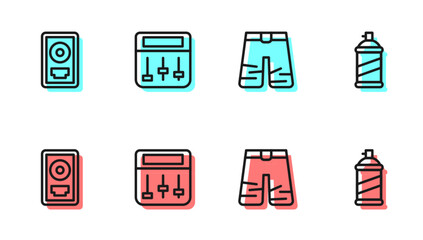 Set line Wide pants, CD disk award in frame, Drum machine music and Paint spray can icon. Vector