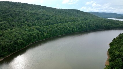 Obraz premium Allegheny river flows through green mountains in landscape nature area in National Forest in America wilderness