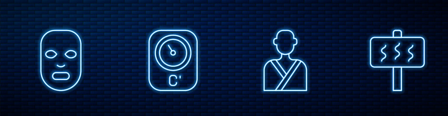 Set line Man in the sauna, Facial cosmetic mask, Sauna thermometer and . Glowing neon icon on brick wall. Vector