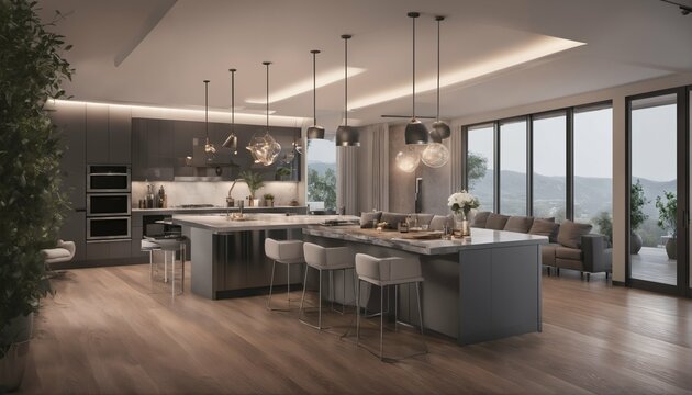 Internet of Things in smart home with various connected devices and appliances - smart refrigerator, coffee maker, oven, communicating to simplify tasks and enhance quality of life