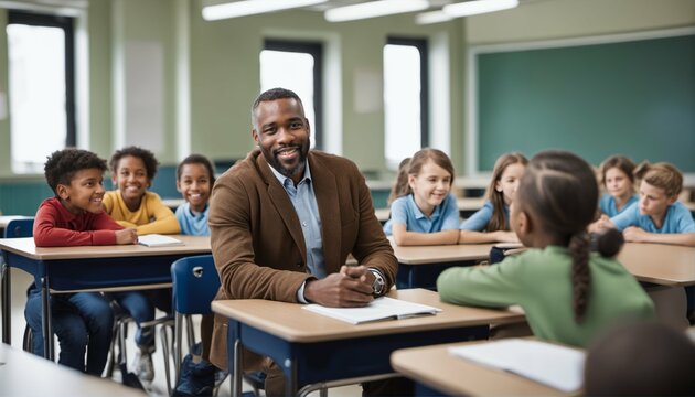 Black male educator talking to students in classroom - man teaching, elementary school children, education