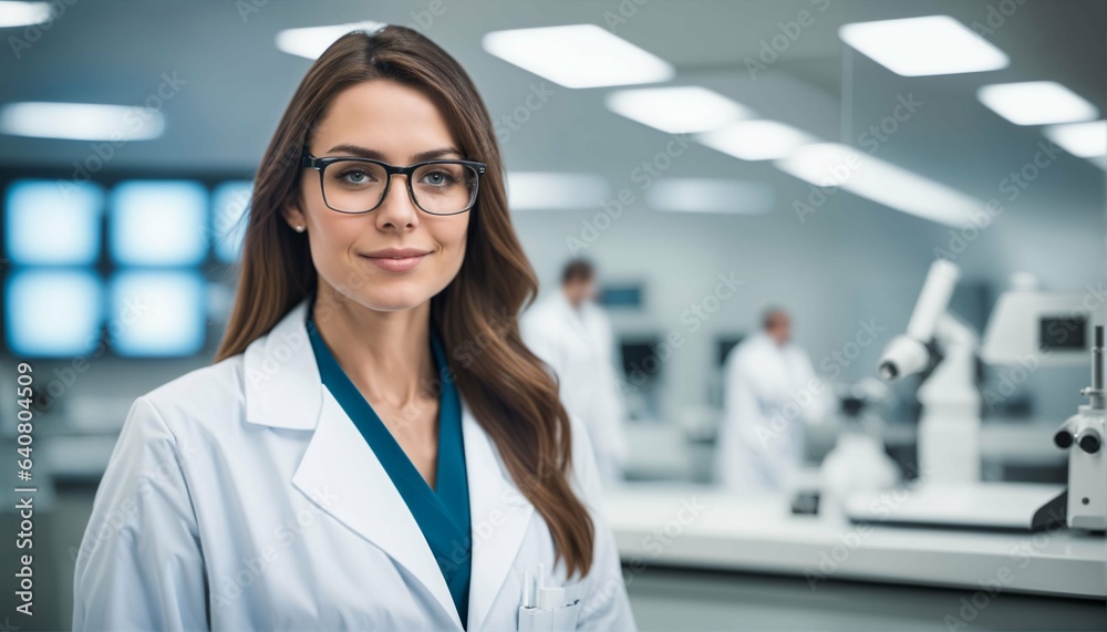 Sticker modern laboratory with team of medical specialists and beautiful young woman scientist in white coat