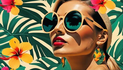 Tropical photo collage of beautiful woman in sunglasses with modernism-inspired portraiture
