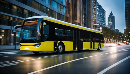 Sleek and ultra-modern self-driving autonomous electric bus on city street with neon lights and motion blur