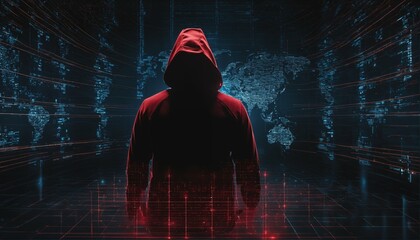 Anonymous hacker in black hoodie with network of glowing data and intricate code