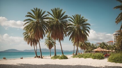 Fototapeta na wymiar Tropical beach resort background with peaceful blue waters and shade