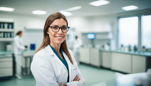 Modern laboratory with team of medical specialists and beautiful young woman scientist in white coat and glasses copyspace