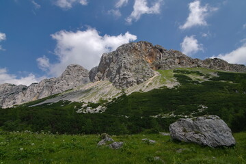View up from Seven lake valley . Surrounded by high mountains Mala Ticarica and Velika Ticarica. Amazing scenery in Triglav national park few hours from Triglav mountain peak. Slovenia.
