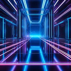 Fototapeta premium Abstract Background 3D rendering blue room with stripes of neon lights and reflections. Sci-FI Futuristic architecture background Chaotic Blue Neon Lights laser with rays and lines. Generative AI