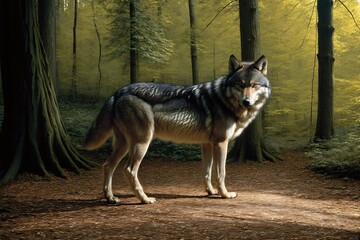 Obraz premium A Wolf Standing In The Middle Of A Forest