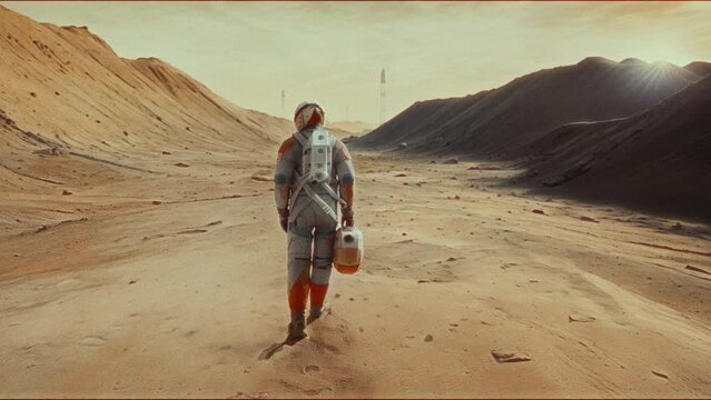 AI generated back view shot of unrecognizable astronaut holding suitcase with equipment walking along desert on uninhabited planetAI generated back view shot of unrecognizable astronaut holding suitca