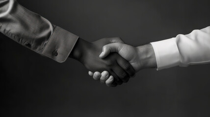 Business people complete treatment. Black and white image of business people shaking hands over black background. A symbol of equality, the conclusion of a deal.