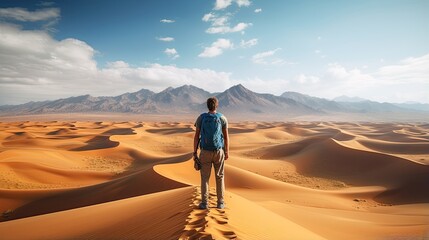 Male hiker, full body, view from behind, standing on a dune in the middle of the desert