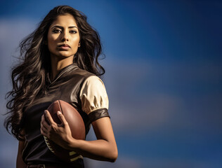 Obraz na płótnie Canvas Young woman in rugby dress holding pigskin or gridiron ball, closeup American football player portrait sky background, copy space side. Generative AI