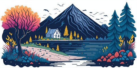 Highland lake with Fisherman house cartoon. AI generated illustration
