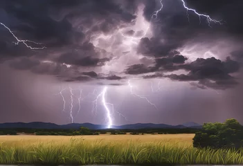 Fotobehang Powerful Captivating Lightning and Thunder Visuals, Striking Visuals and Thunder Imagery. Nature's Light Show Stunning Lightning, Unforgettable Thunder. Catching Nature's Fury. Generative AI © Nitiphonphat