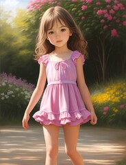 A girl in a pink dress standing in a flower garden. Oil painting illustration generated ai