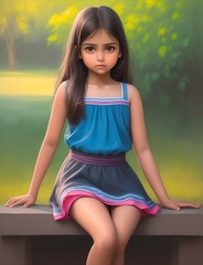 A girl in a blue dress sitting in a garden. Oil painting illustration generated ai
