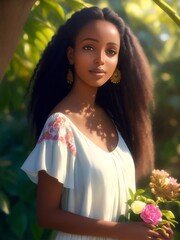 Ethiopian woman in the garden. Oil painting illustration generated ai