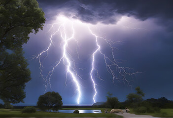Naklejka na ściany i meble Powerful Captivating Lightning and Thunder Visuals, Striking Visuals and Thunder Imagery. Nature's Light Show Stunning Lightning, Unforgettable Thunder. Catching Nature's Fury. Generative AI