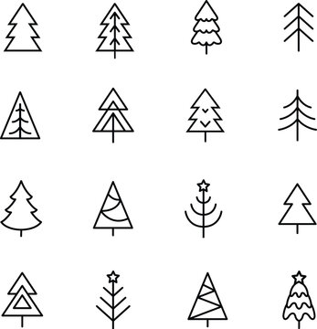 Christmas tree icon pack line art. Vector illustrations of fir trees with simple line art.Simple Christmas tree icon pack. Perfect for Christmas branding and marketing materials.Set of 16 Icon