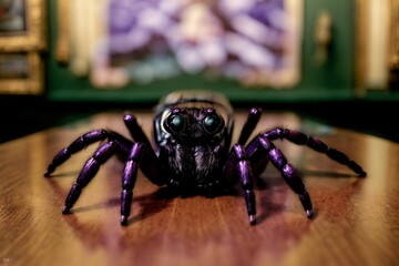 A Purple Spider Sitting On Top Of A Wooden Table