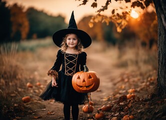 Halloween witch girl with pumpkin,holding pumkin