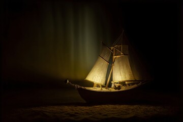 A Small Boat With A Light On It In The Dark