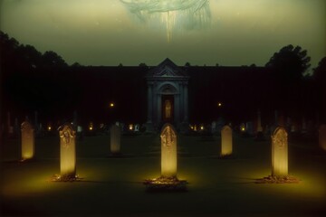 A Cemetery With Candles Lit Up In Front Of It