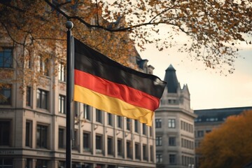 German flag in black, red and gold in the background the street of a German city. Concept for the Day of German Unity.