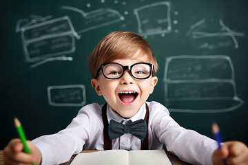 happy boy schoolboy in glasses at school at his desk