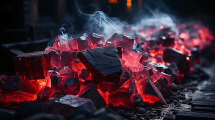 Red-hot pieces of coal on a dark background. Generative AI technology.