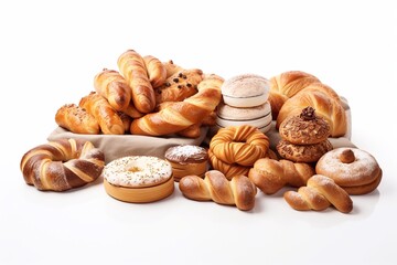 Close-up of freshly baked bakery products. Assortment of bakery products on a white background. Baked goods.
