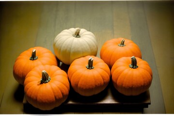 Obraz premium A Group Of Pumpkins Sitting On Top Of A Wooden Table