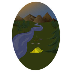 Stay Wild. Camping ilustration. Nature landscape with trees, river, mountains. Hand drawn vector