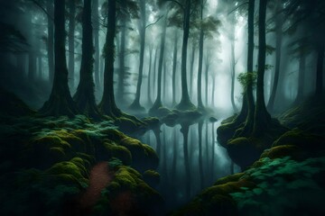 A dense, fog-covered forest shrouded in an air of mystery.
