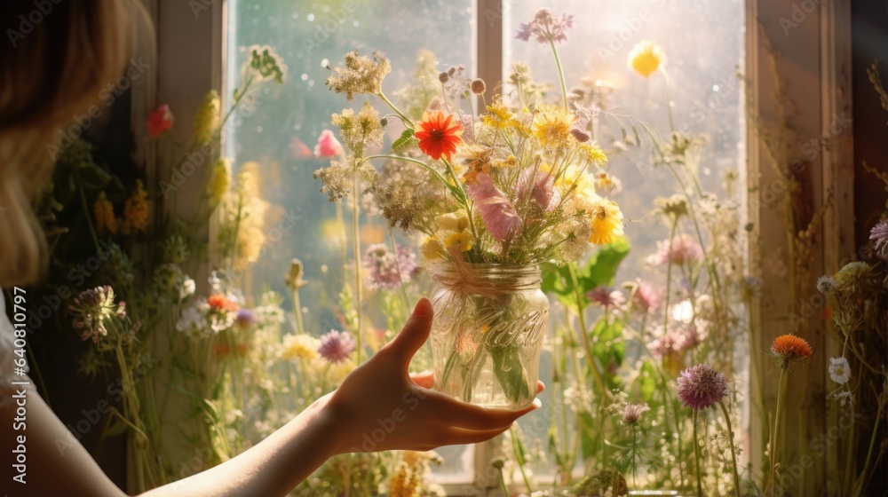 Wall mural A woman holding a jar of flowers in front of a window