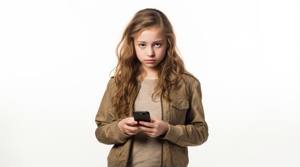 Naklejka premium A young girl holding a cell phone in her hands