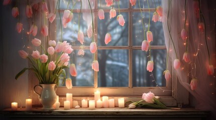 Obraz na płótnie Canvas A window sill with candles and tulips on it