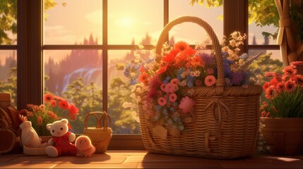 Fototapeta na wymiar A basket full of flowers sitting near the window