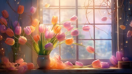 A bunch of pink tulips in a vase on a window sill
