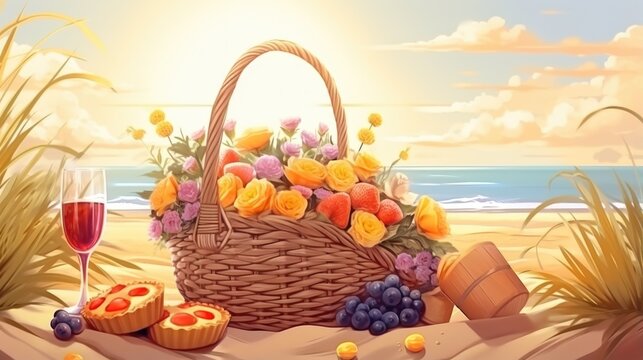 A basket of fruit and a glass of wine on the beach